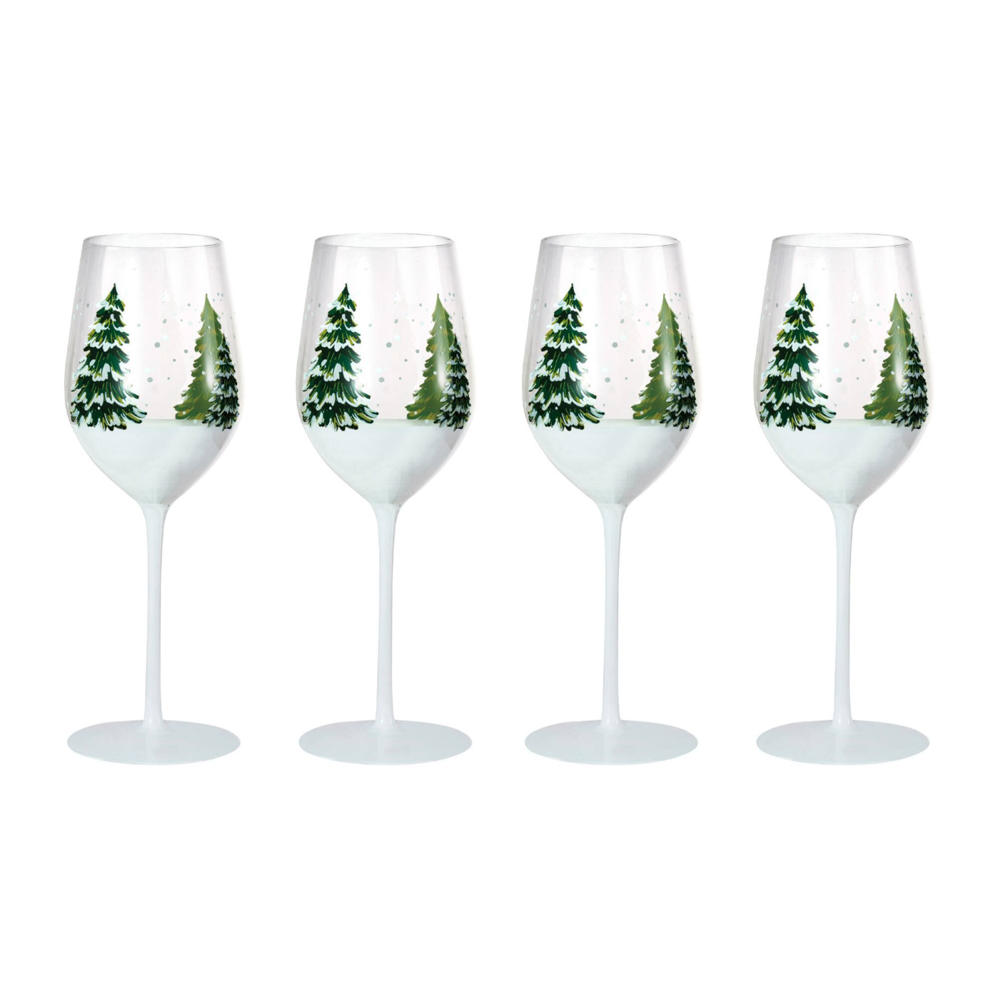 Hello Honey® 12oz. Clear & Green Tree & Snow Wine Glass Set